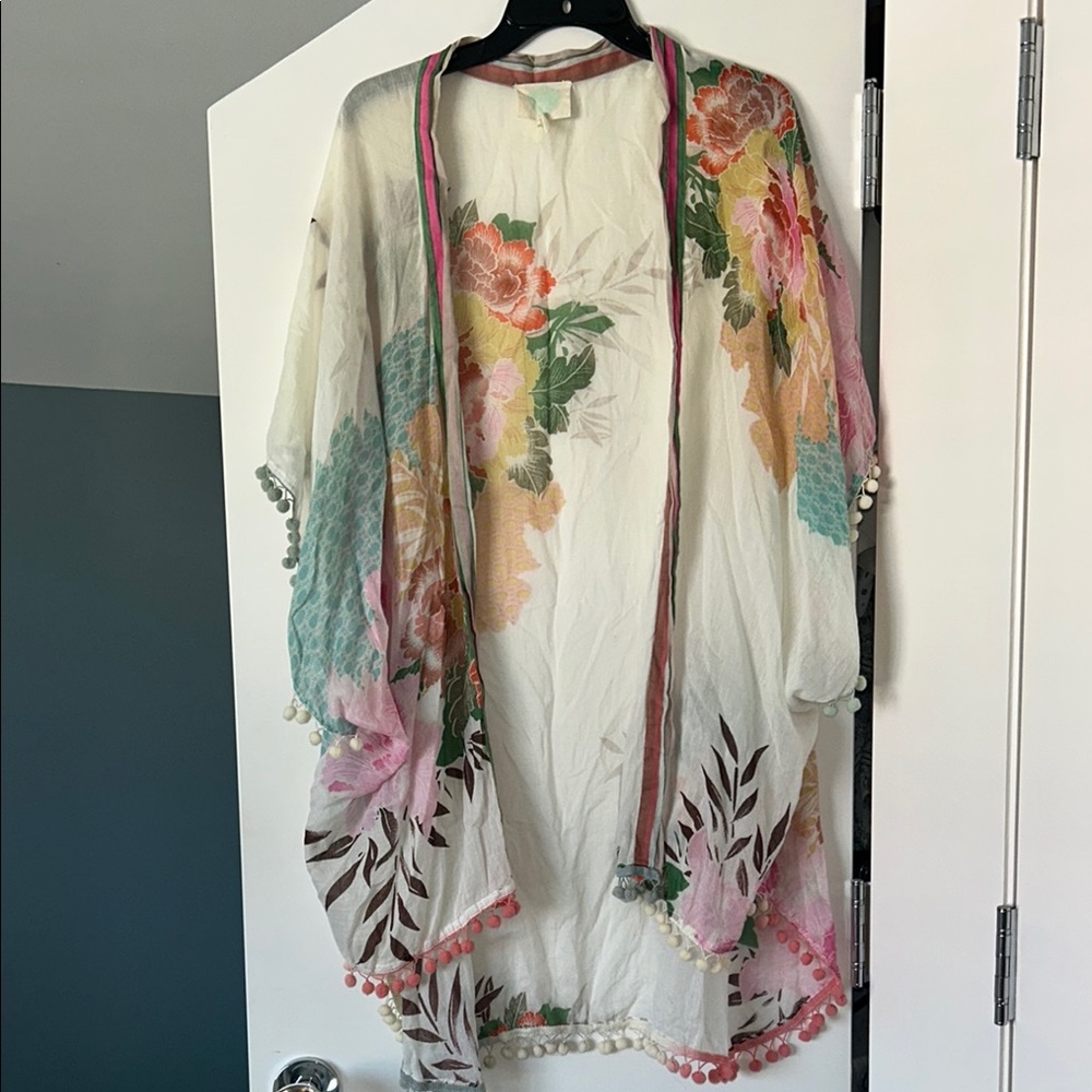 White and Pink Abstract Kimono with Flowy Design and Pom poms